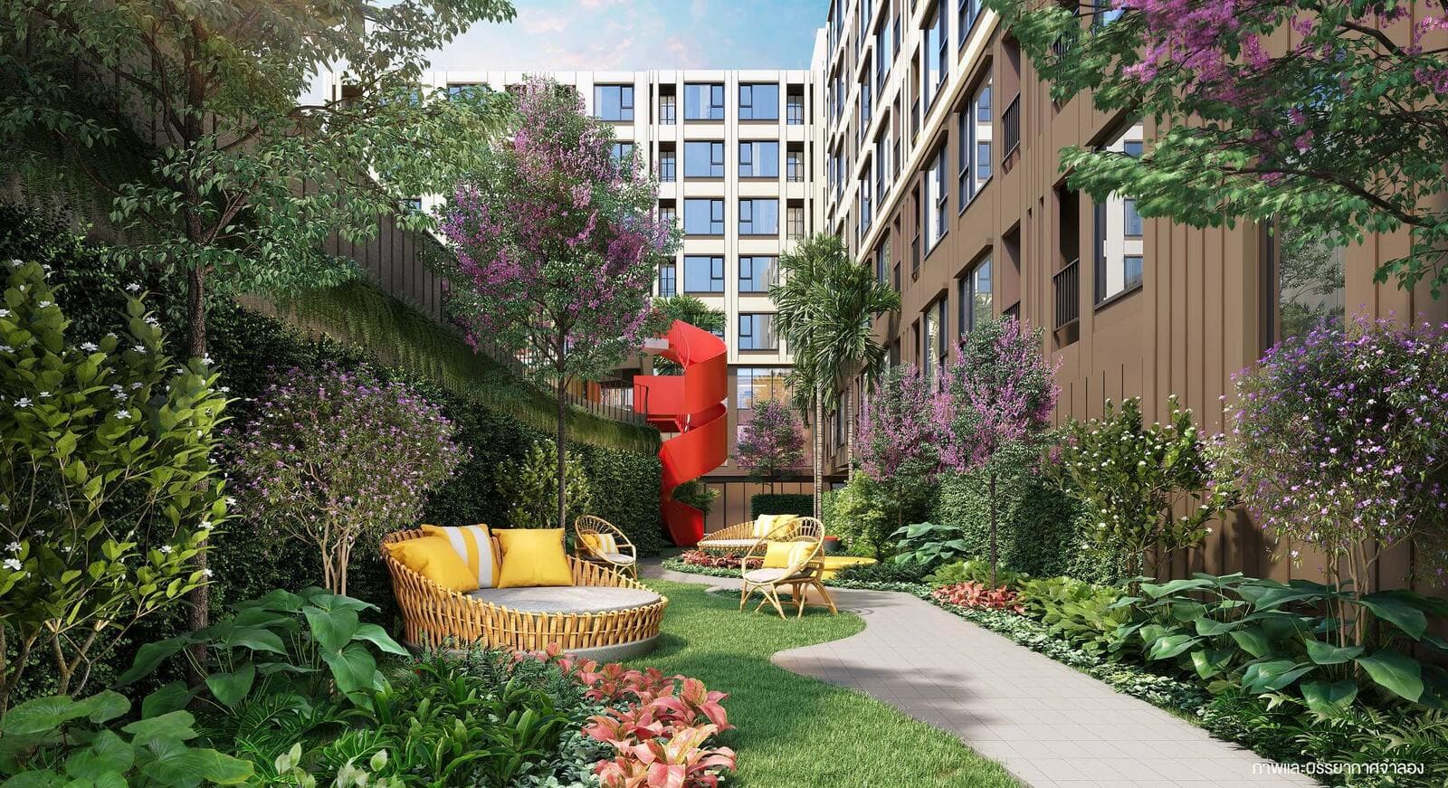 Developer render of the landscaped garden courtyard with rattan daybeds, flowering trees and a red spiral staircase.