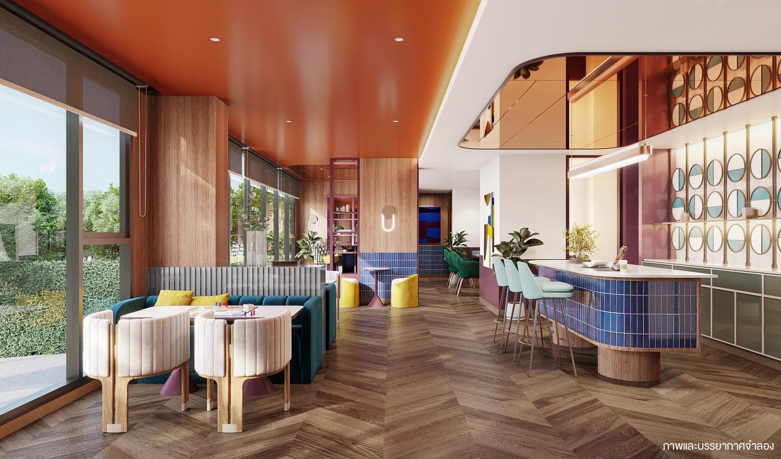 Developer render of the residents' social lounge with booth seating, tiled bar counter and full-height windows onto the garden.