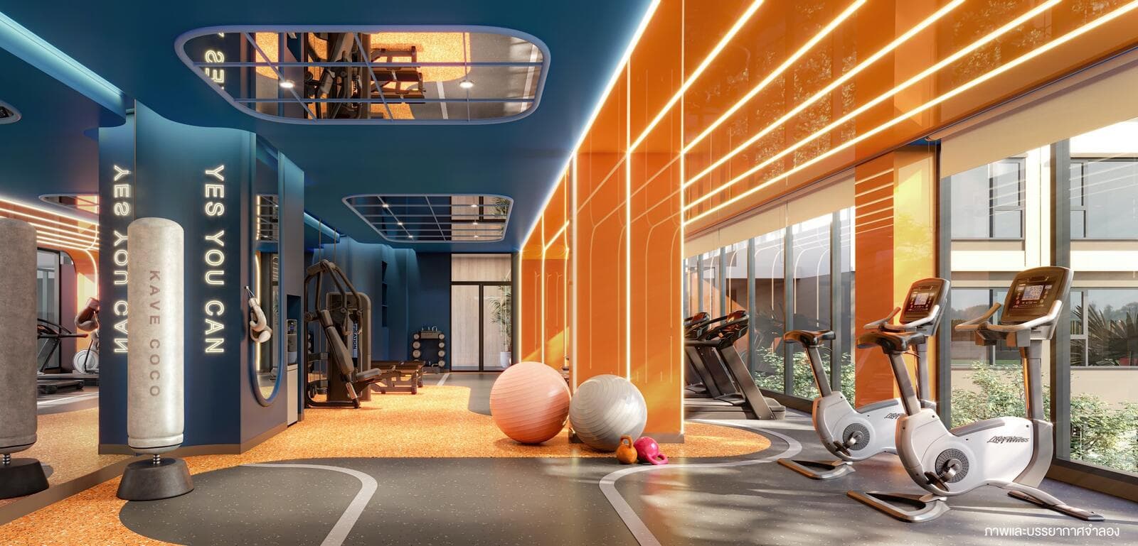 Developer render of the fitness room with cardio machines, weight station and full-height windows facing the garden.