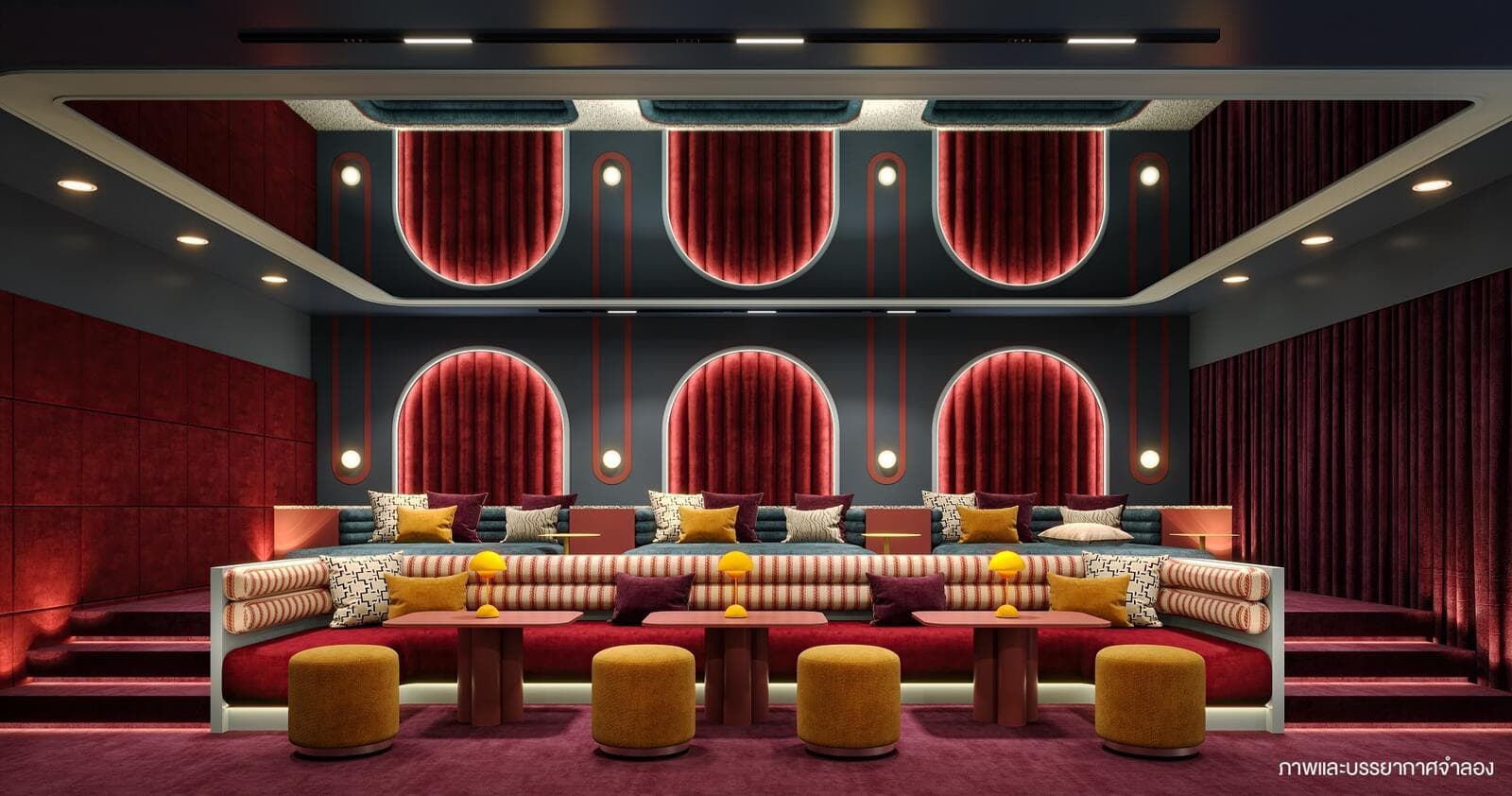 Developer render of the private screening room with tiered upholstered seating and curtained wall panels.