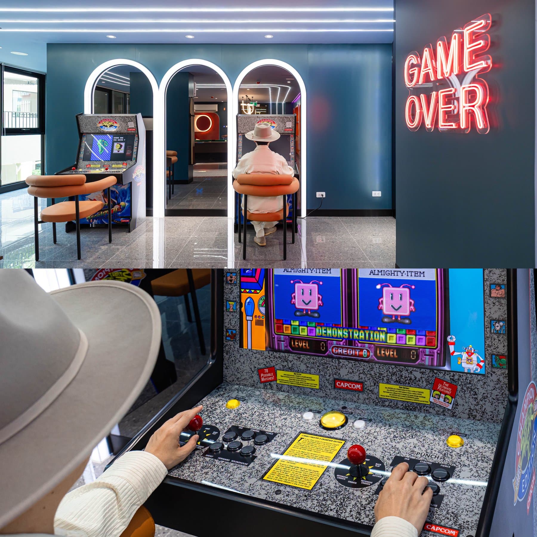 Arcade corner at Kave COCO Bangsaen with retro cabinets, arched booths and a red neon Game Over sign