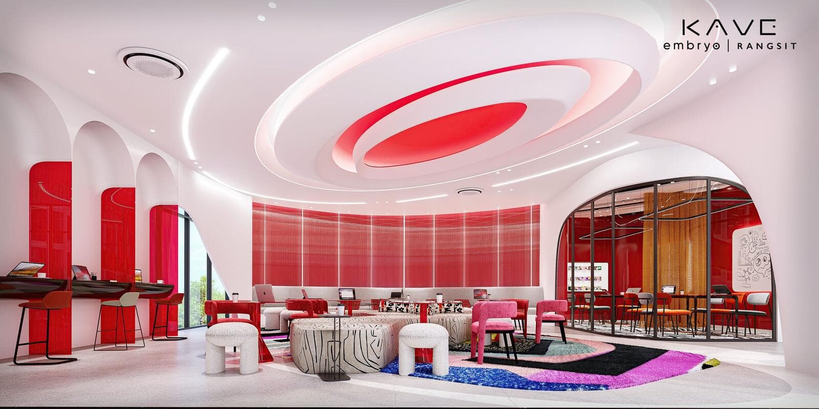 Double-height grand lobby at KAVE Embryo Rangsit with a sculpted circular ceiling feature, reception counter, lounge seating and an adjoining glazed co-working room