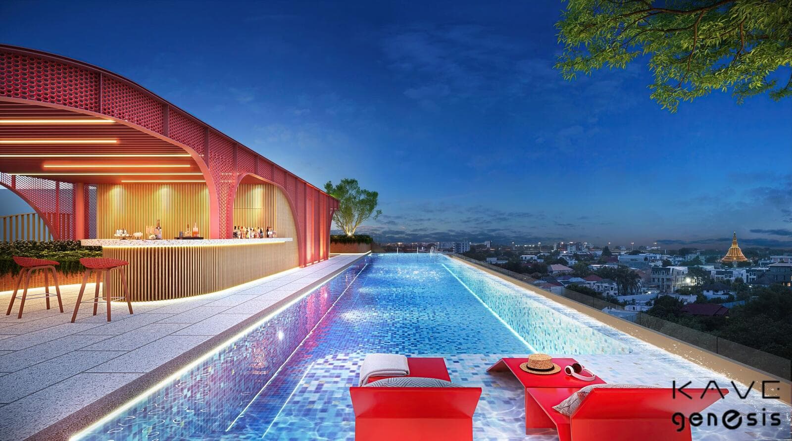 Rooftop swimming pool and pool bar at dusk, looking out over the Nakhon Pathom skyline — developer render