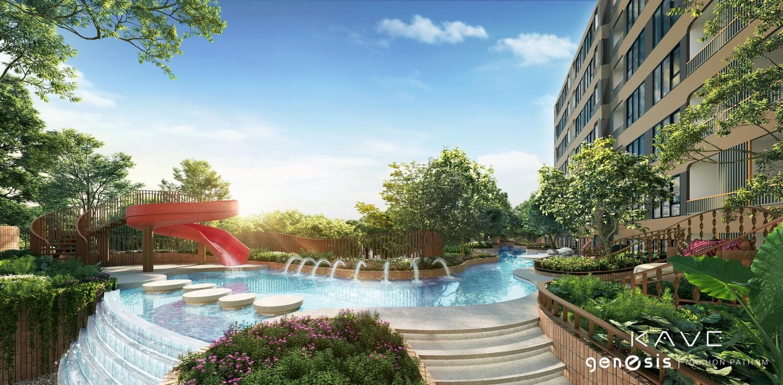 Landscaped garden swimming pool with water slide, stepping stones and planted terraces beside the residential building — developer render