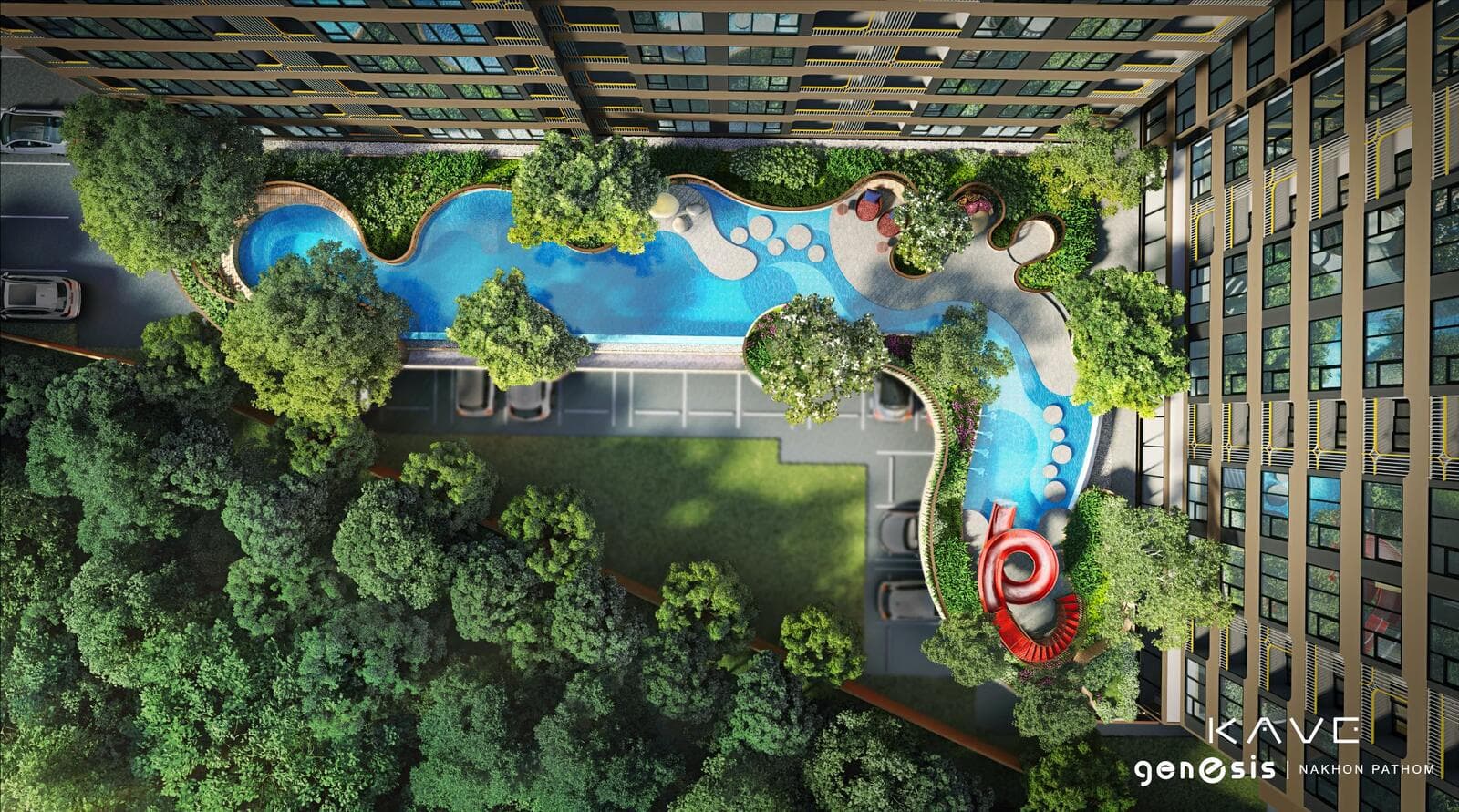 Aerial view down onto the landscaped pool garden and mature trees between the residential buildings — developer render