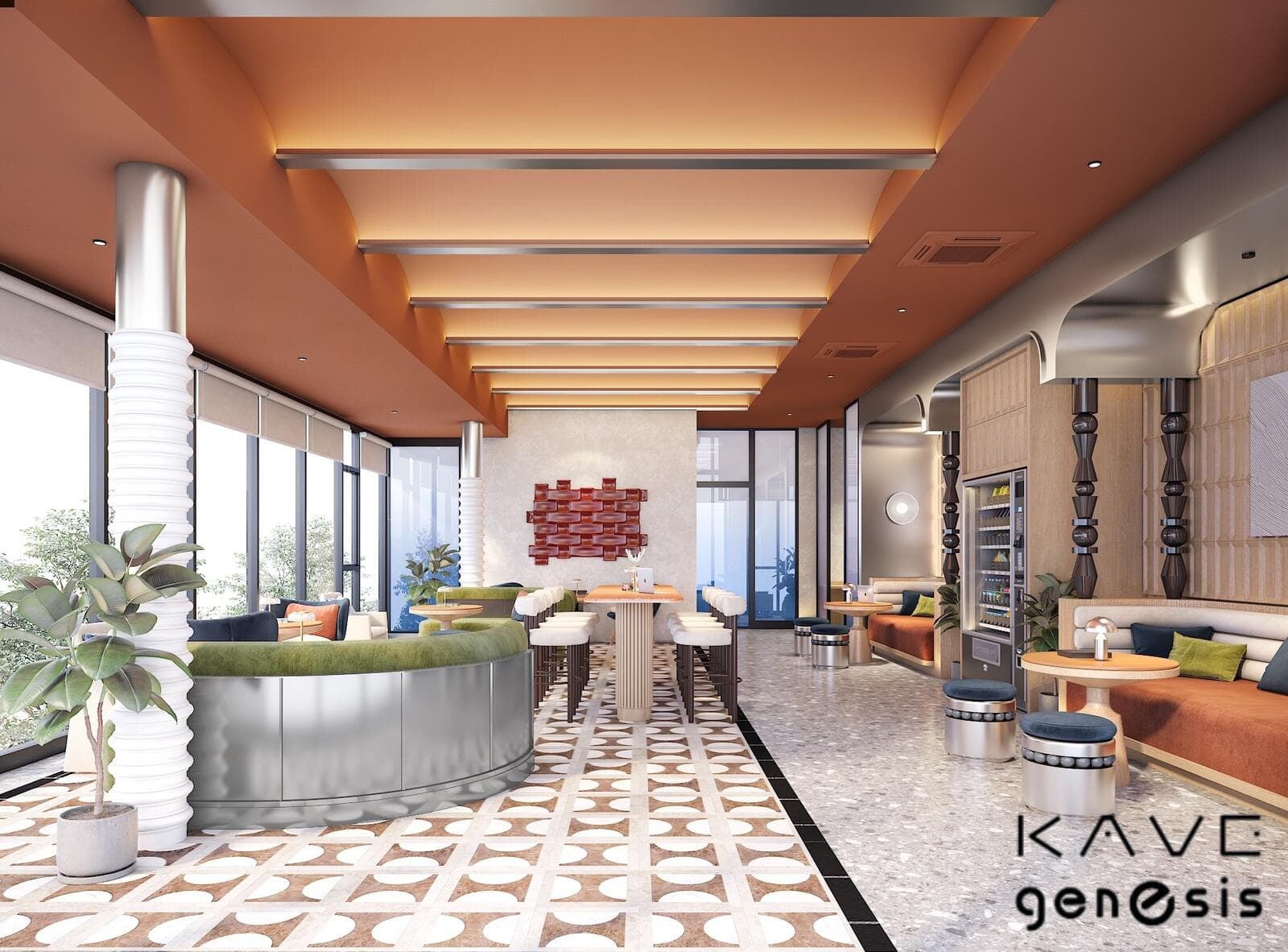 Kave Club co-working and co-learning lounge with communal work tables, banquette seating and floor-to-ceiling windows — developer render