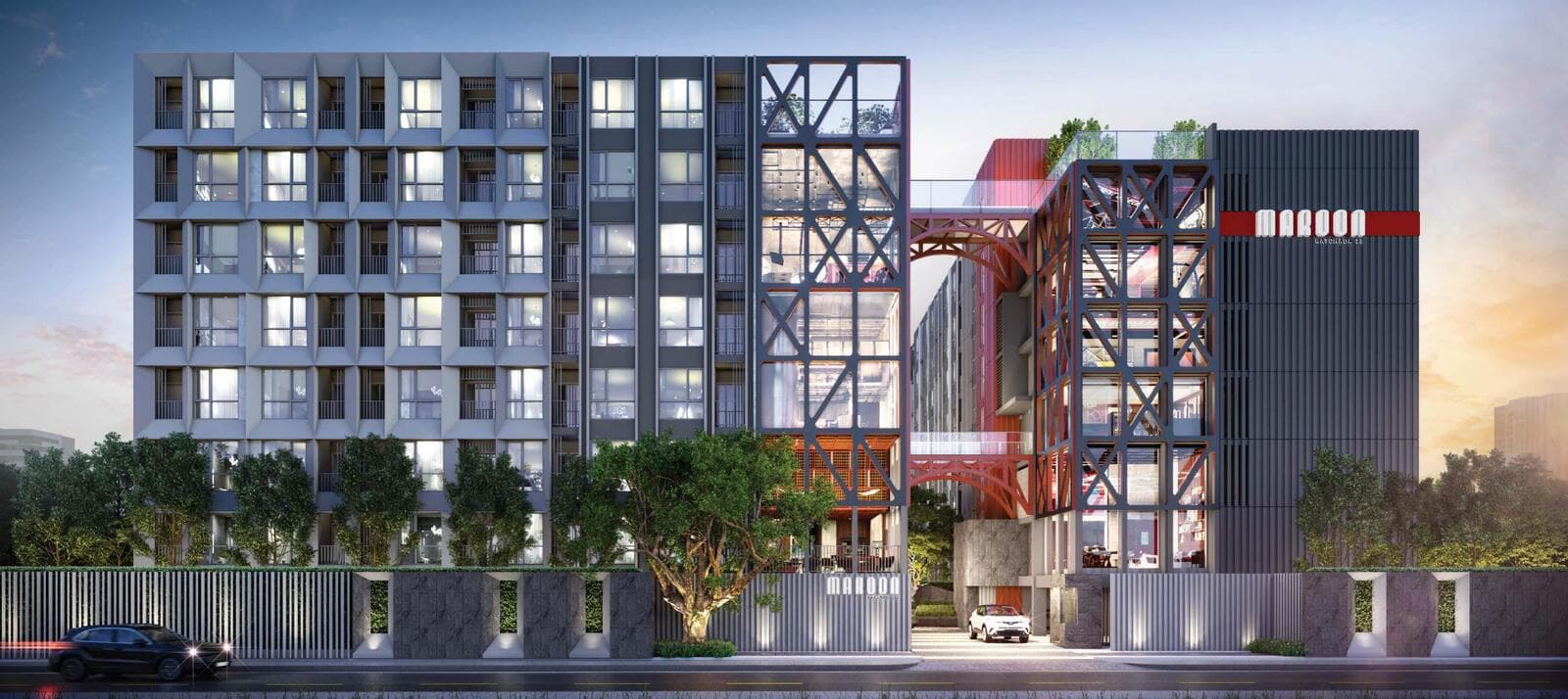 Developer computer-generated render of the Maroon Ratchada 32 street elevation, showing the grey precast residential blocks and the red steel truss sky bridge linking the two buildings.
