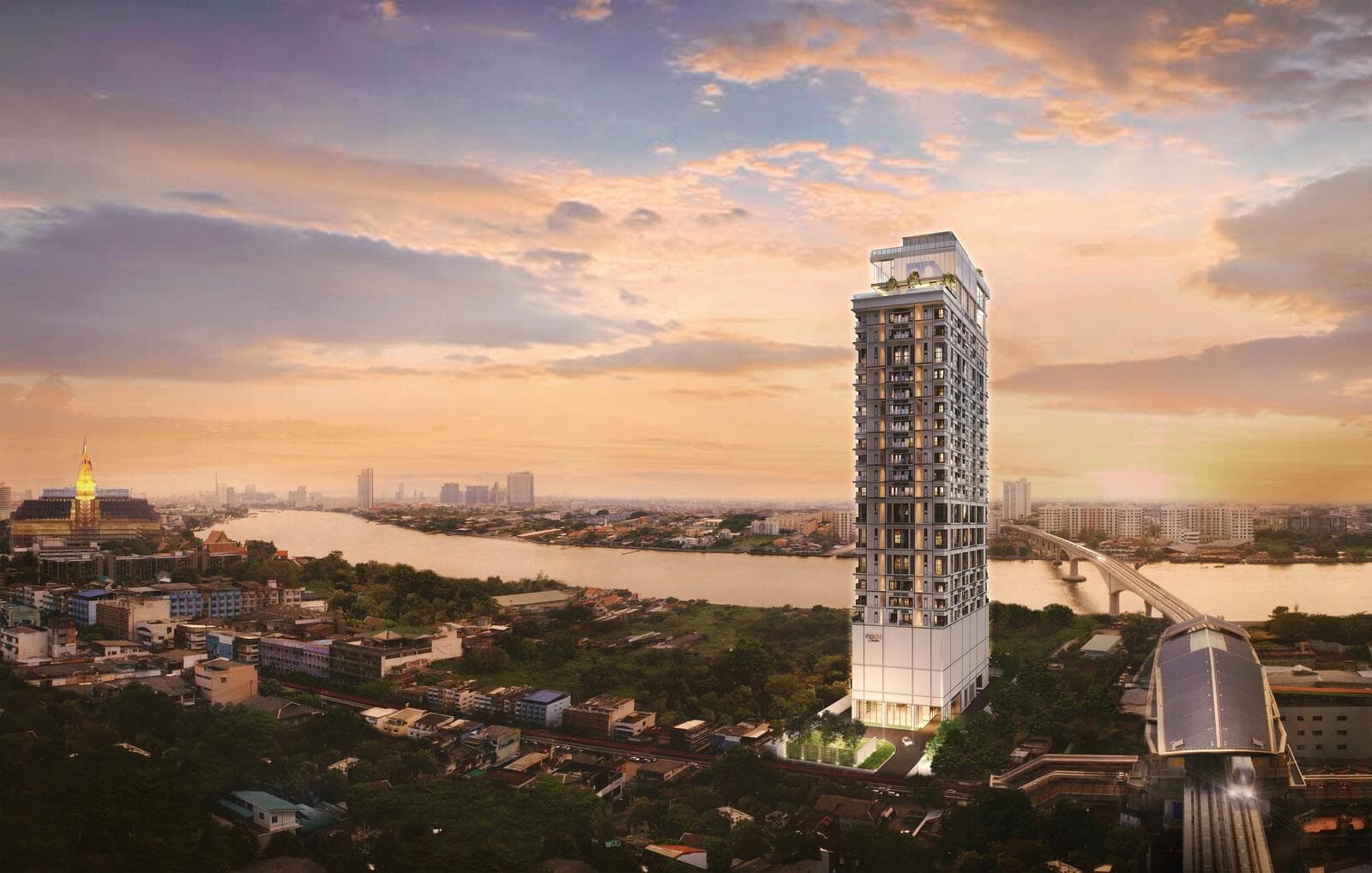 Aerial view of the Modiz Collection Bangpho tower at sunset, standing above the Chao Phraya River bend with the elevated MRT line and Bang Pho station in the foreground (computer-generated render)