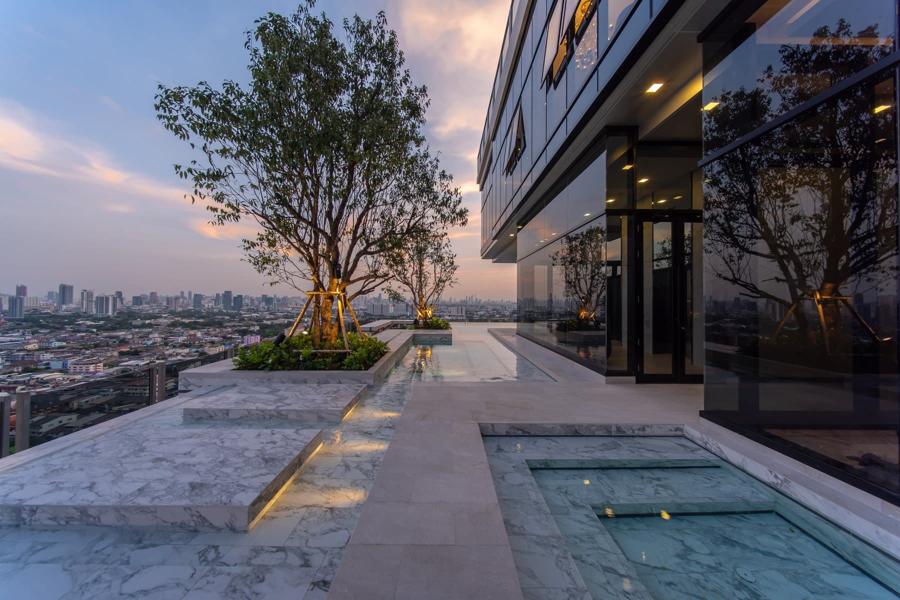 Rooftop pool terrace at Modiz Collection Bangpho at dusk, with a mature tree in a raised planter and the city spread out beyond the parapet
