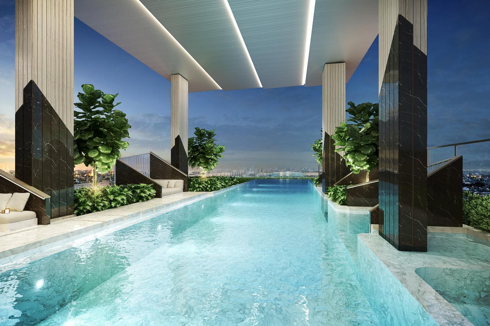 Sheltered infinity-edge swimming pool at Modiz Rhyme Ramkhamhaeng framed by dark marble and timber-tone columns, with poolside daybeds and the city skyline beyond the edge (computer-generated render)