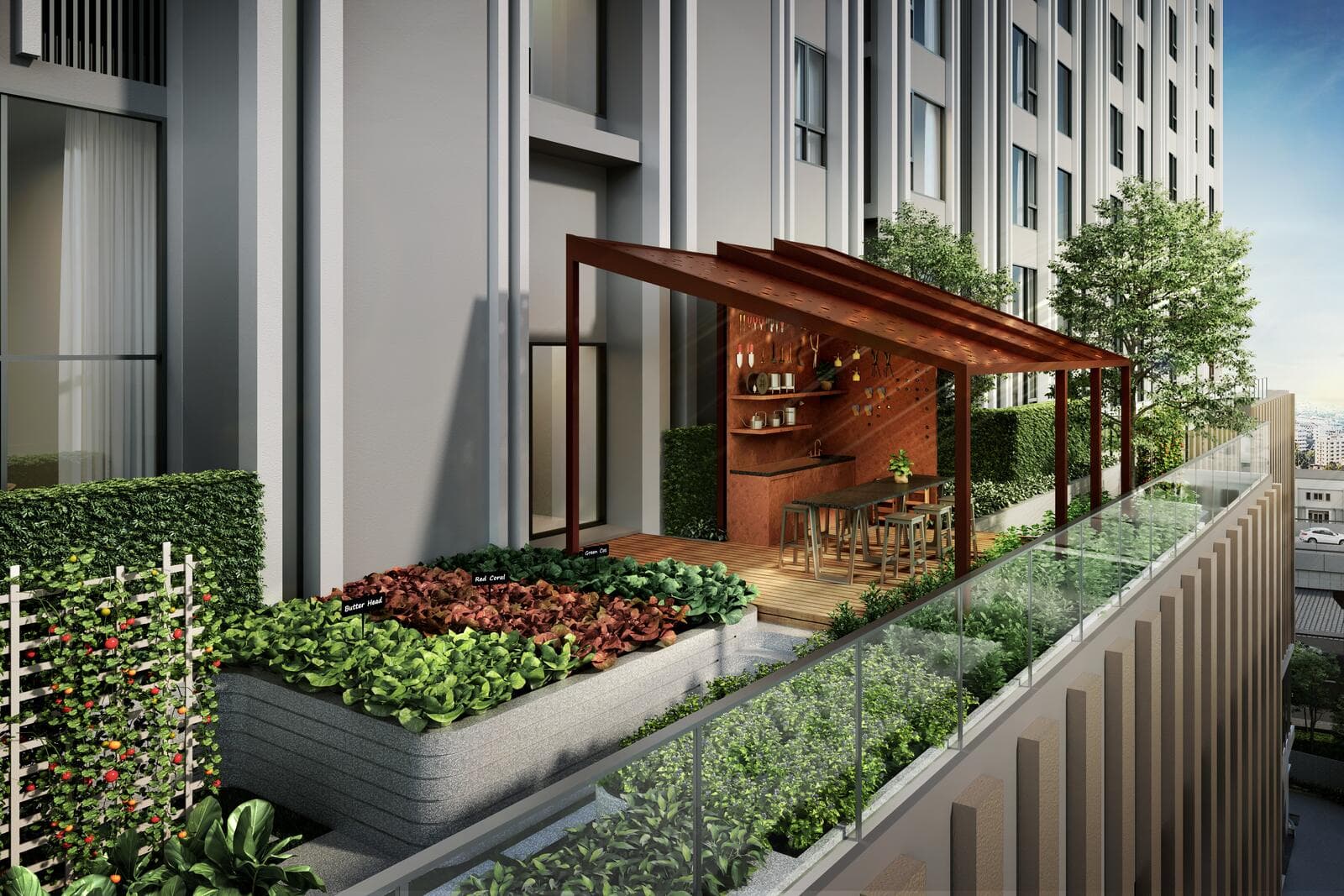Edible garden terrace at Modiz Rhyme Ramkhamhaeng with labelled lettuce planting beds, a vertical tomato trellis and a copper-roofed pavilion with a bar counter and high stools (computer-generated render)
