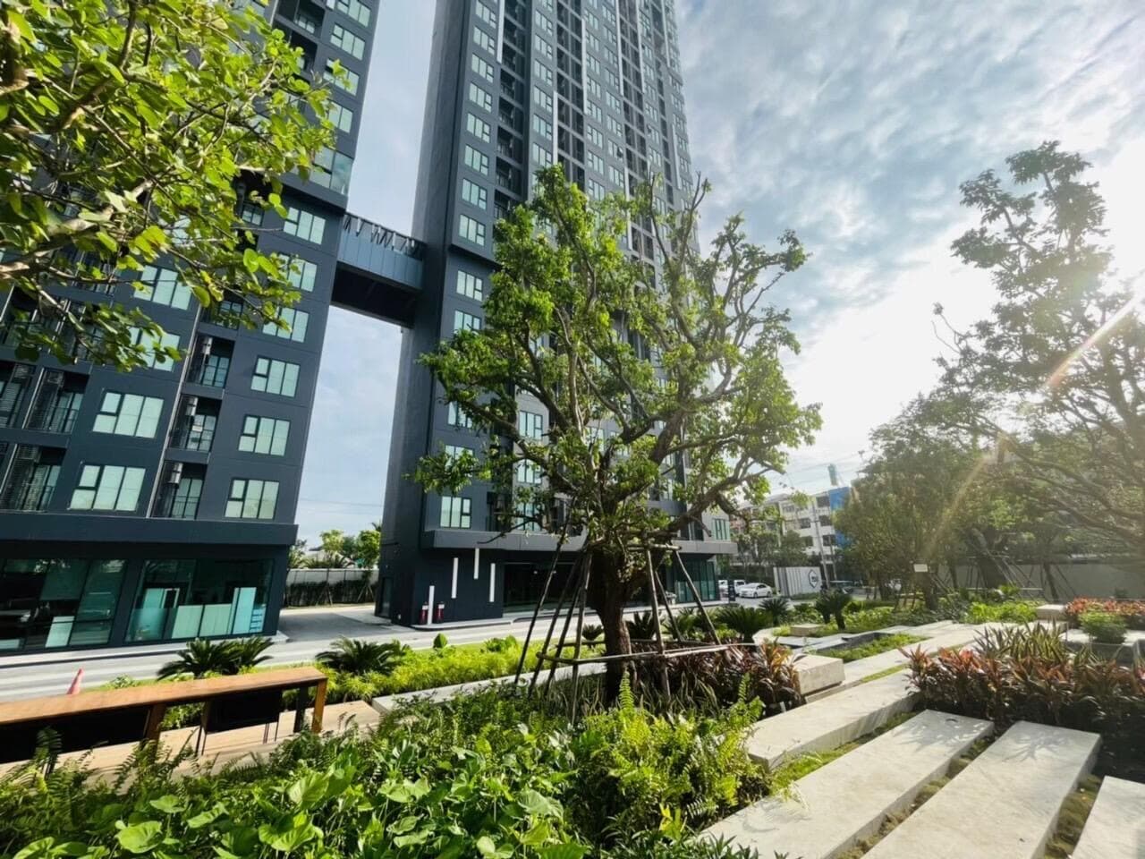 Modiz Sukhumvit 50 seen from the street entrance: charcoal-grey high-rise towers linked by a sky bridge, with a mature rain tree and terraced planting beds in the foreground garden