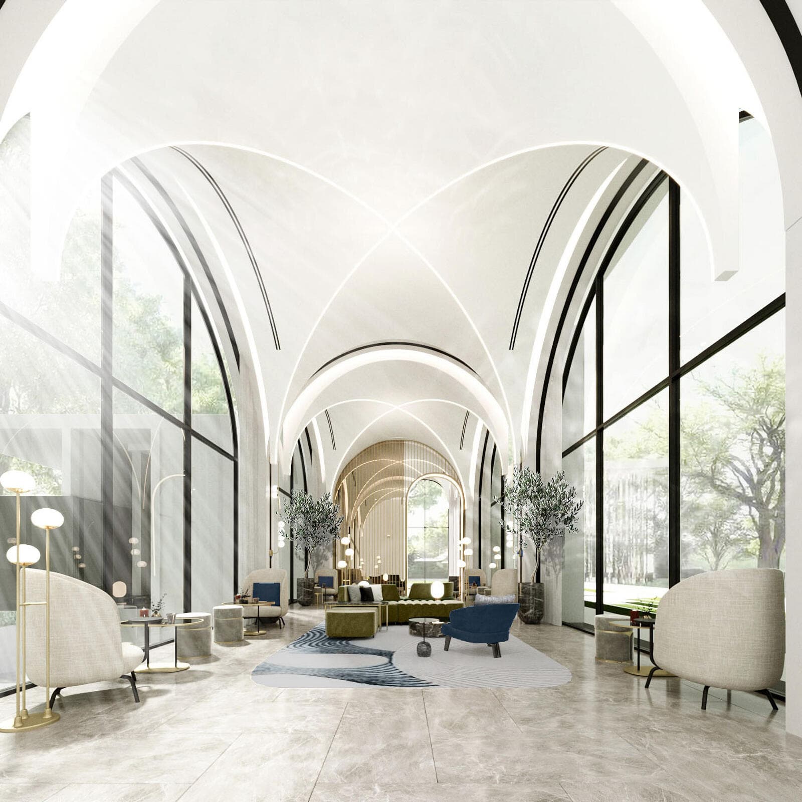 Developer rendering of The Vault Lobby at Modiz Vault Kaset-Sripatum: a double-height groin-vaulted hall in white plaster with full-height black-framed glazing, marble floor, olive trees and clustered armchair seating