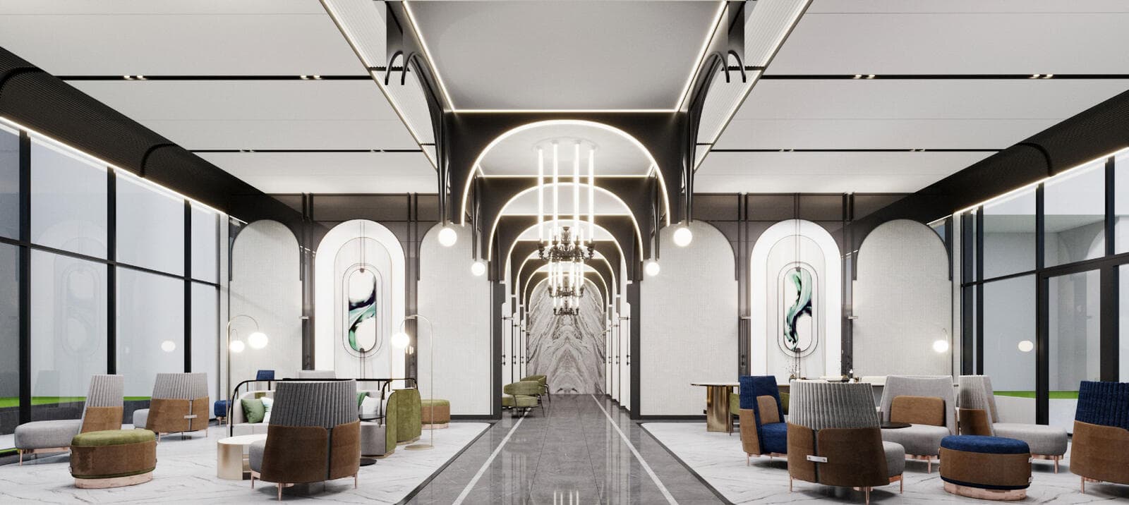 Developer rendering of the recreation and co-working space at Modiz Vault Kaset-Sripatum, an arcaded gallery with a mirrored polished floor, linear chandeliers and upholstered booth seating along both glazed walls