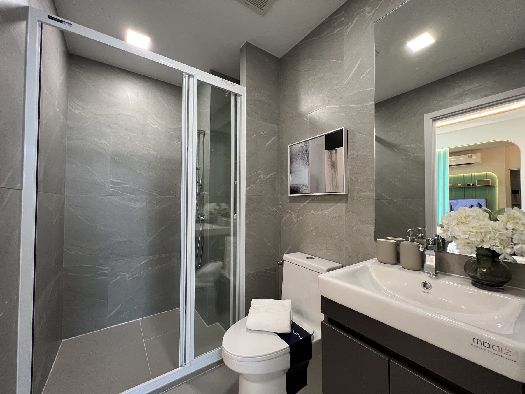 Bathroom of a furnished show unit at Modiz Vault, with a walk-in shower behind framed glass, a wall-hung basin and a mirrored cabinet