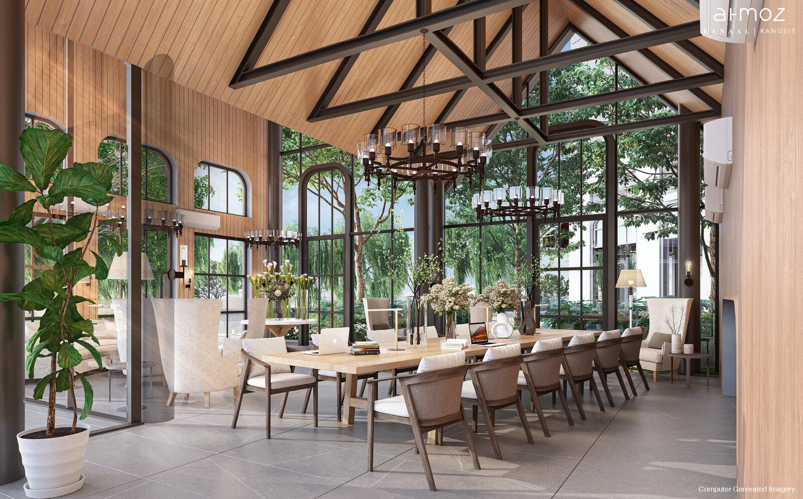 Glass-house co-dining pavilion at Atmoz Kanaal Rangsit with exposed timber roof trusses, wrought-iron chandeliers, a long shared table and full-height arched glazing onto the garden (developer computer-generated image)