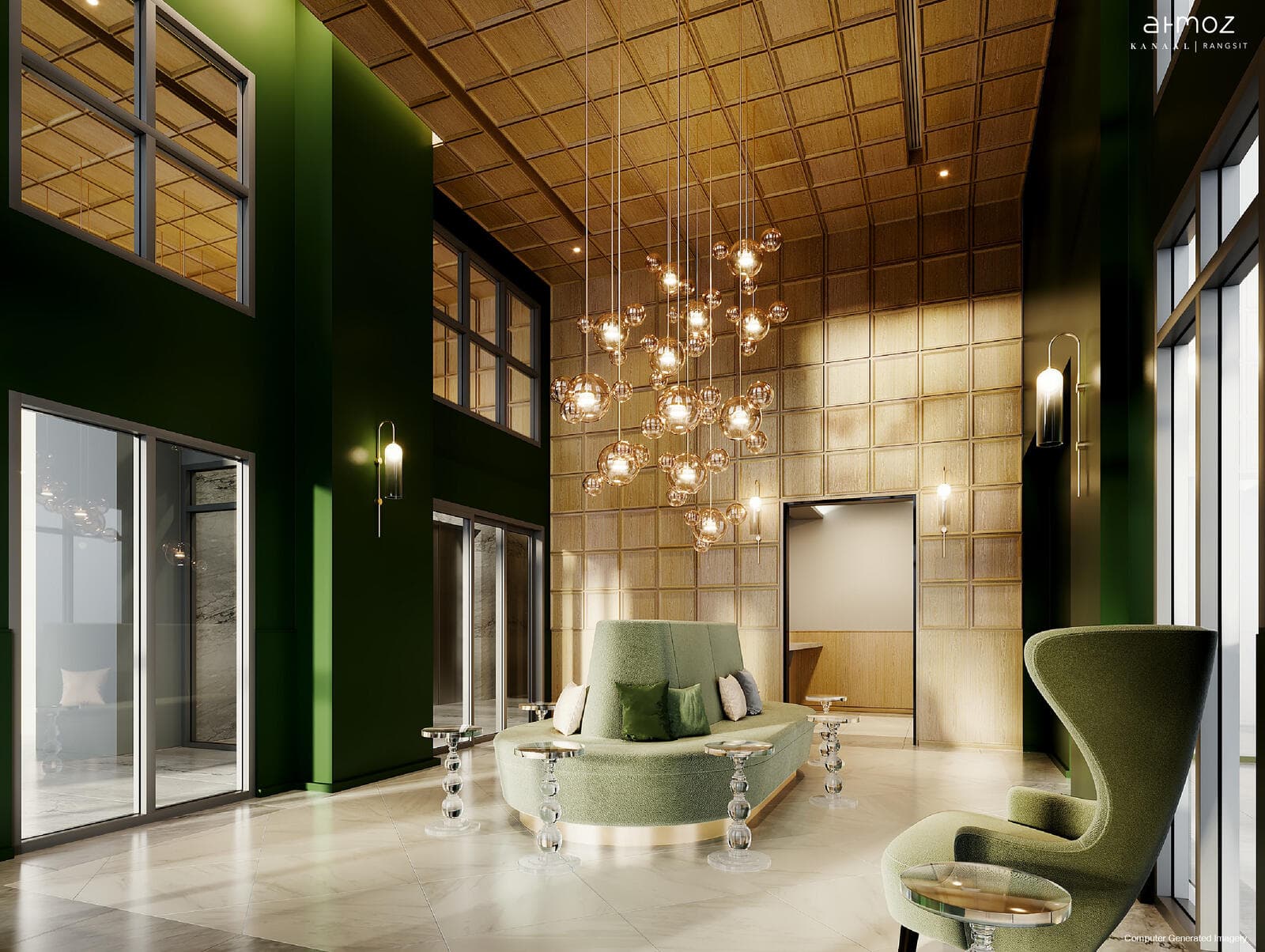 Green haus lobby at Atmoz Kanaal Rangsit with a timber coffered ceiling, cluster of amber glass-globe pendants, a curved banquette sofa and a moss-green accent wall (developer computer-generated image)