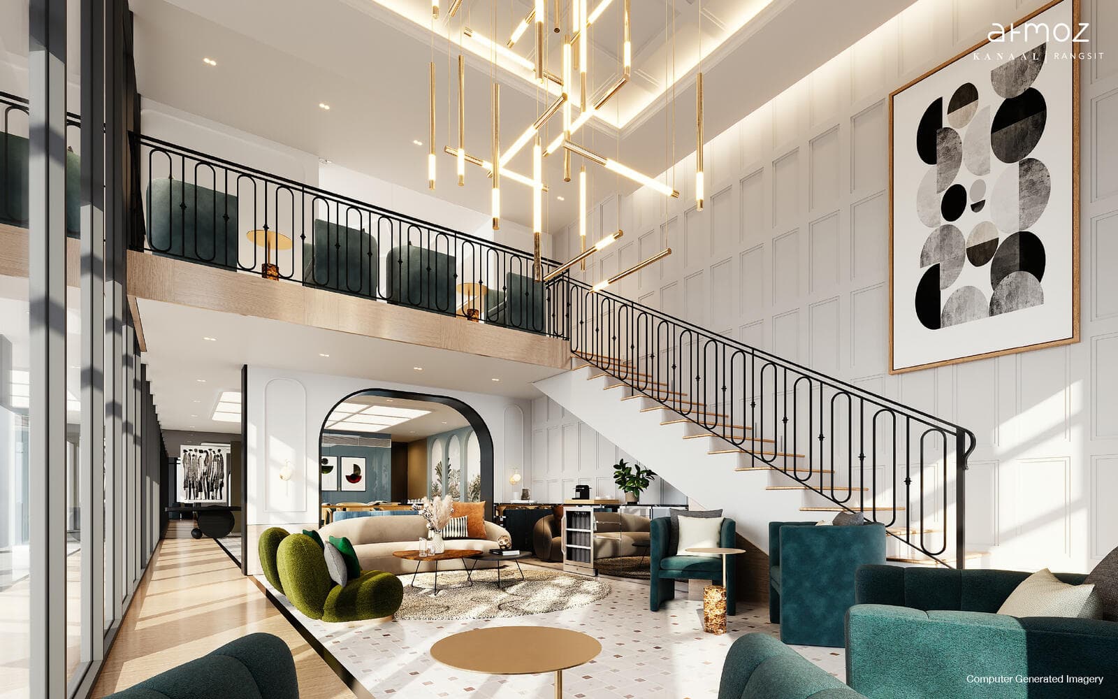 Double-height lobby lounge at Atmoz Kanaal Rangsit with a panelled feature wall, a wrought-iron balustraded staircase to the mezzanine, brass linear pendant lighting and green upholstered seating (developer computer-generated image)