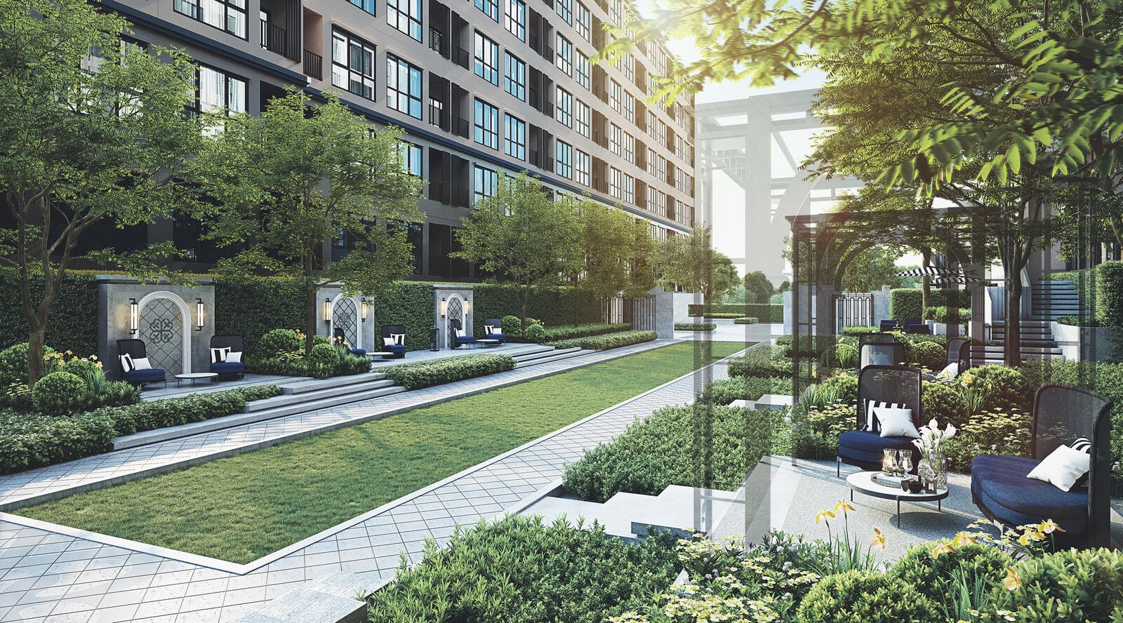 Developer render of the Atmoz Palacio landscaped garden: a central lawn and paved walkway flanked by arched alcove seating niches and a shaded pergola lounge.