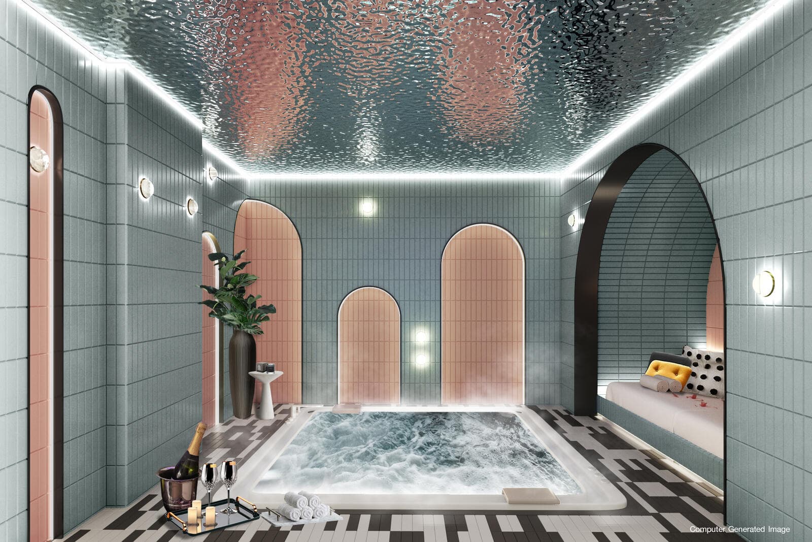 Developer render of the Atmoz Palacio indoor jacuzzi spa room, with a sunken hot tub, arched tiled wall niches, a patterned floor and a recessed relaxation daybed.