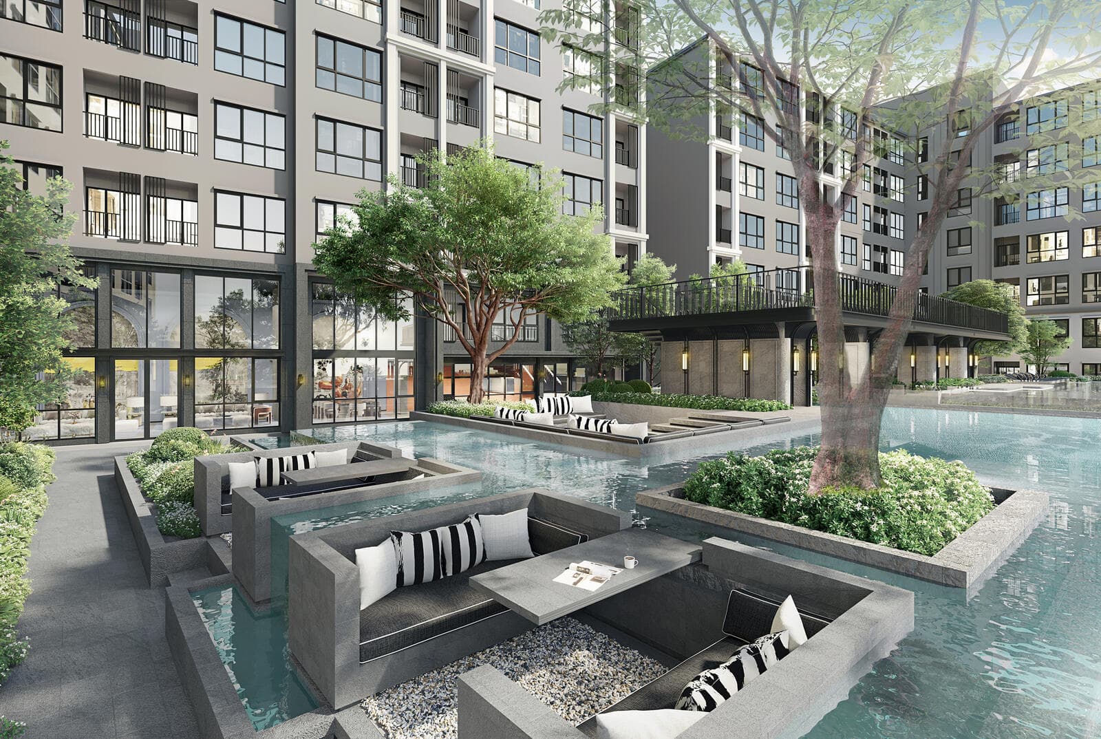 Developer render of the Atmoz Palacio swimming pool with sunken poolside seating alcoves, shade trees on planted islands and glazed facility rooms behind.