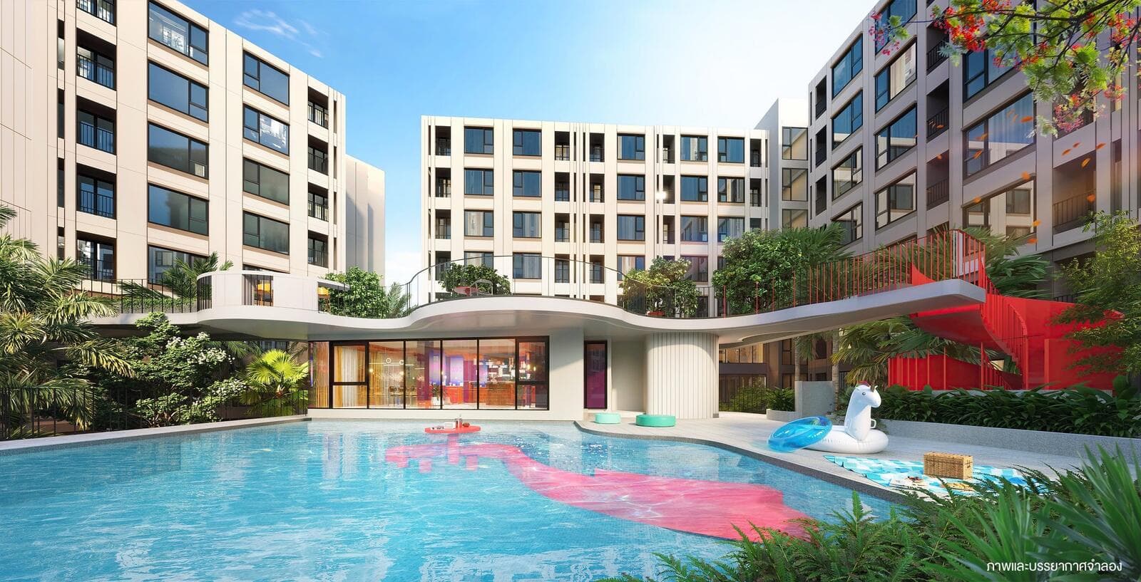 Developer render of the lagoon pool and glazed pool pavilion at the base of the residential buildings.
