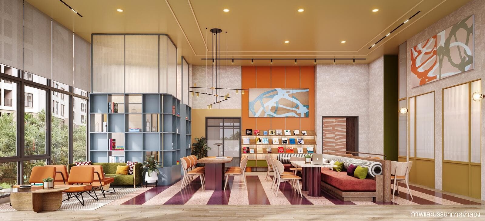 Developer render of the double-height co-working library with shared work tables, bookshelves and lounge seating.